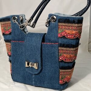 LuLu Jessie UP Gaelic and Tartan Dark Denim Market Bag with Double Handles